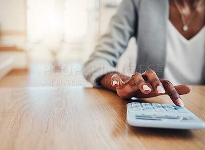 Buy stock photo Calculator, bank and hand of finance black woman calculate loan balance, insurance tax or financial business profit. Accounting, administration and accountant doing company bookkeeping or calculation