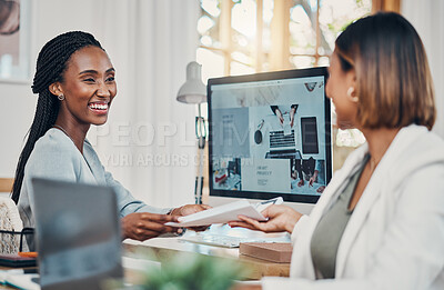Buy stock photo Women, business and document at with paper at desk for plan, design and research in startup office. Woman, manager and report coworking at web design company with paperwork, strategy or planning