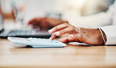 Buy stock photo Accountant doing budget planning, money and finance management and bookkeeping or tax. Black woman using calculator, laptop and financial accounting at her desk in a corporate office closeup.