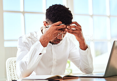 Buy stock photo Headache, stress and businessman with burnout from work problem in office. Sad and tired corporate African employee with anxiety and depression while working on a project on internet with a laptop