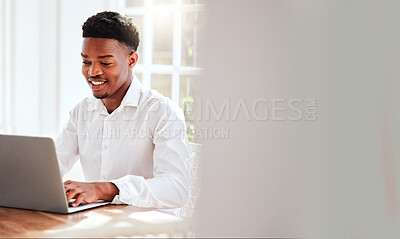 Buy stock photo Internet, laptop and black man working in home office, happy freelance worker at desk. African startup businessman with smile, technology and online project for social media management company