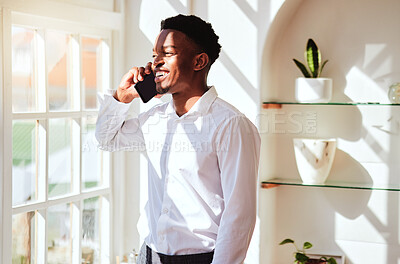 Buy stock photo Business, phone call and happy black man in the office, smile on his face. Success, communication and excited call using smartphone in creative workspace for telecommunication, working and startup
