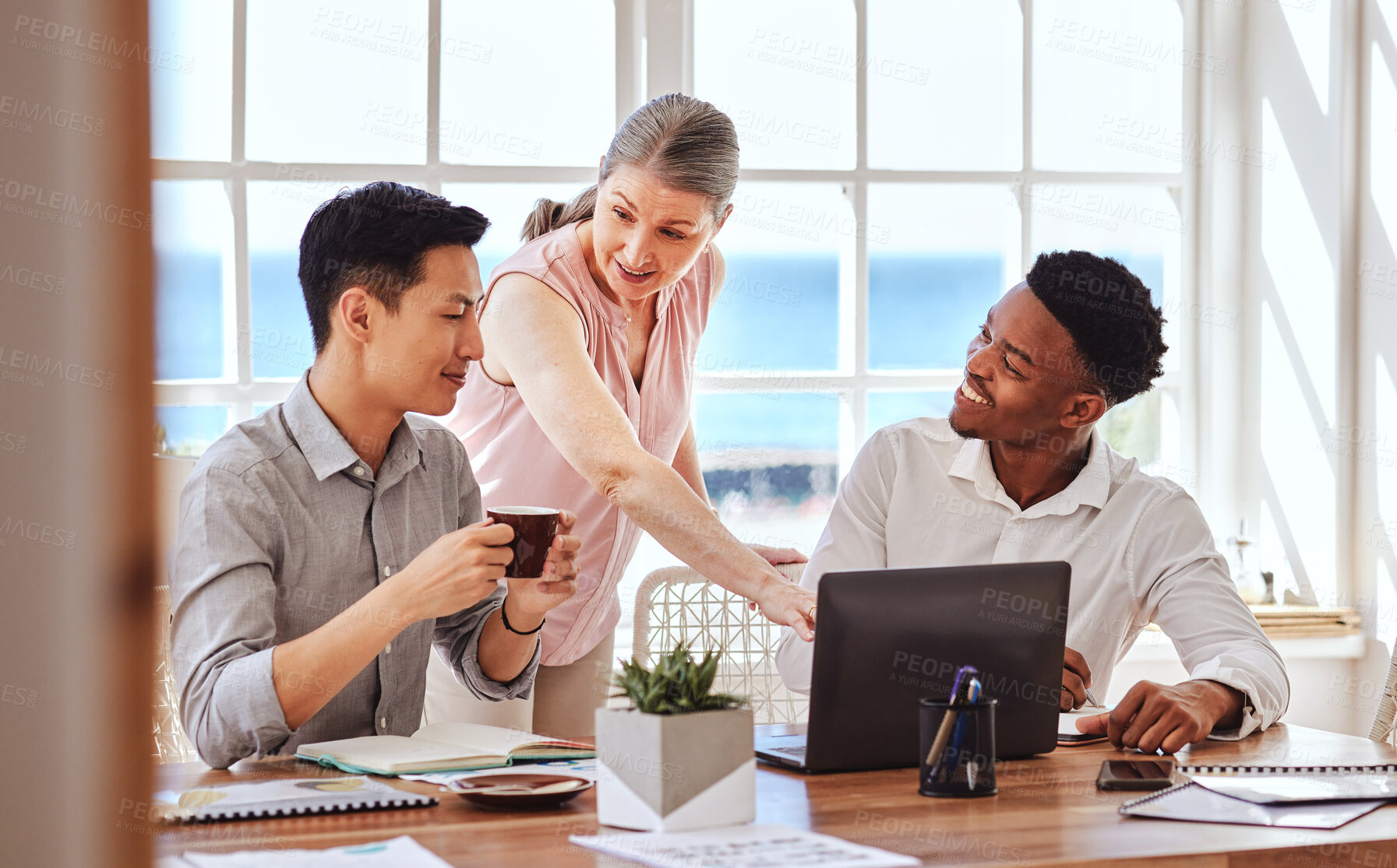 Buy stock photo Teamwork, laptop and meeting with a female leader, manager or boss and team in a boardroom. Computer, collaboration and workshop with a business woman and employee group working on startup strategy