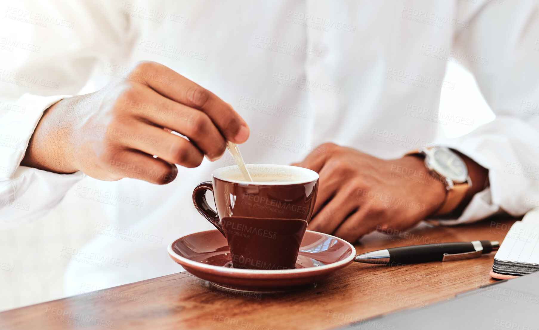 Buy stock photo Coffee cup and business man at cafe taking break, relax and calm at table or desk. Stress relief, tired employee and entrepreneur think for ideas on lunch break, resting and enjoy hot beverage drink