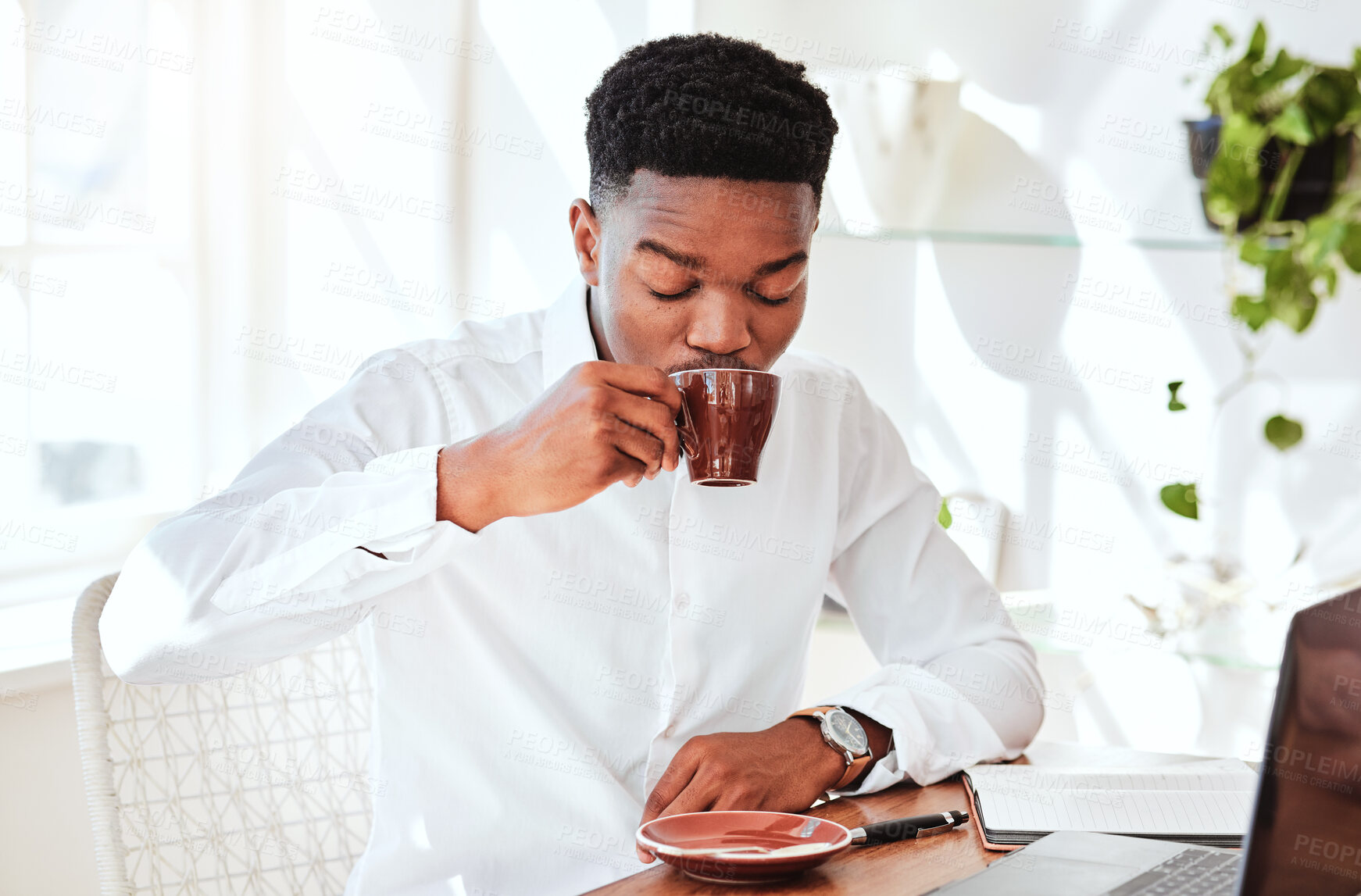 Buy stock photo Espresso coffee, laptop and break with a business man at work in his corporate or professional office. Tea, drink and email with a male employee working at his desk on technology with a beverage