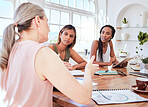 Business meeting, diversity and women with leader, manager or coach for training, teamwork and creative collaboration talk. Leadership female, SEO and workshop for marketing team listening at table