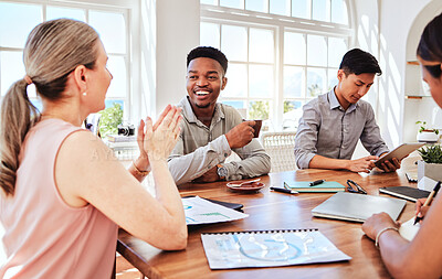 Buy stock photo Meeting, planning and teamwork with a business man and his team talking in an office boardroom. Strategy, collaboration and training with an employee group sitting a table to talk mission and vision