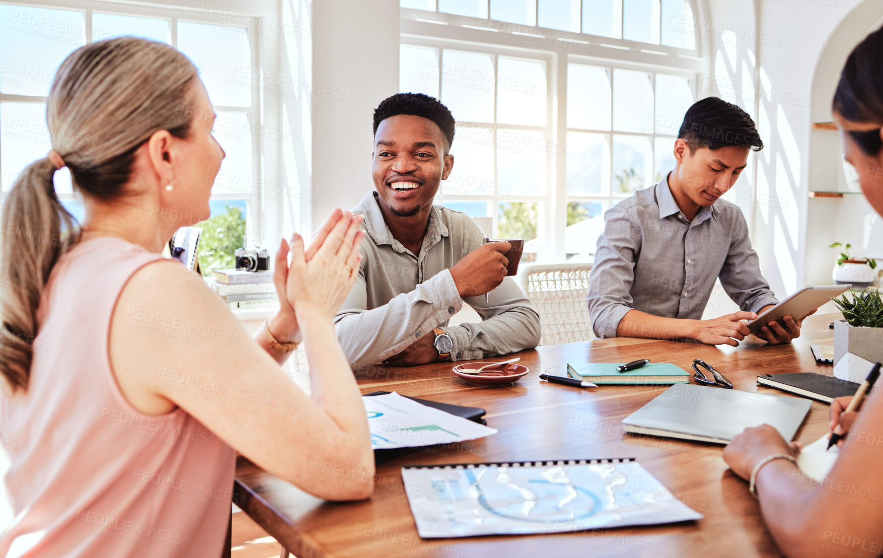 Buy stock photo Meeting, planning and teamwork with a business man and his team talking in an office boardroom. Strategy, collaboration and training with an employee group sitting a table to talk mission and vision