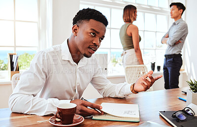 Buy stock photo Black man, coffee and writing in communication in office, planning or marketing strategy notebook. Tea, relax and male talking, discussion or taking notes on startup ideas with coworkers in workplace