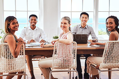 Buy stock photo Startup company, diversity and team of happy employees sitting at table for marketing meeting, planning and strategy in modern office. Portrait and smile of men and women in healthy work environment