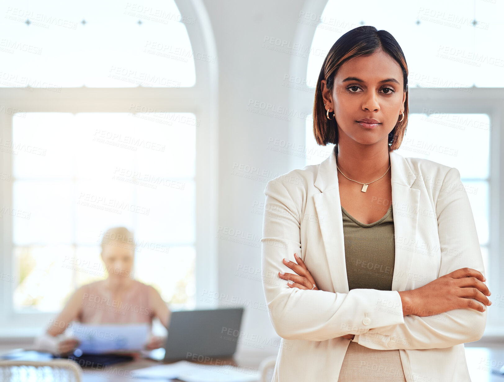 Buy stock photo Business woman, leader and ceo office portrait, confidence or ambition. Motivation, manager or female boss worker in India standing for feminine leadership empowerment, success vision or company goal