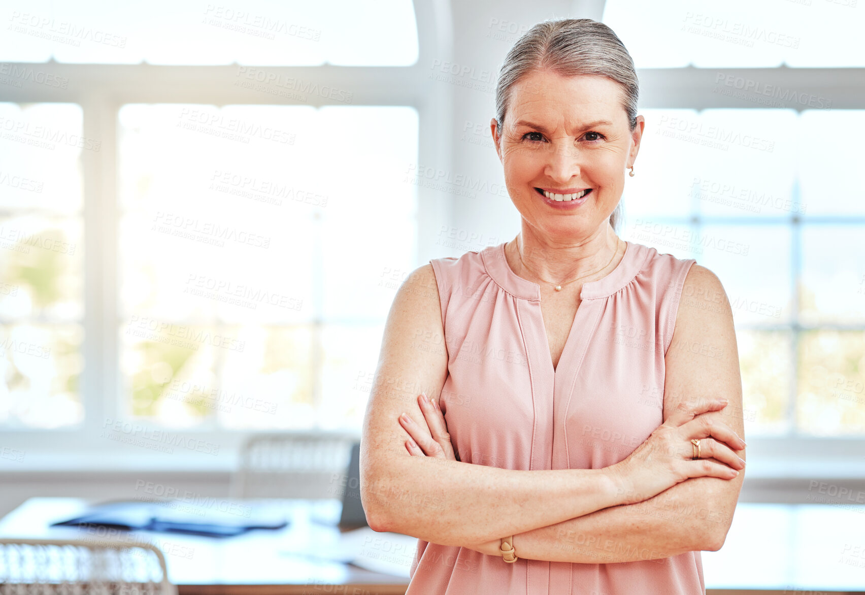 Buy stock photo Female leader, manager and boss in an office boardroom for design standing arms crossed while looking confident. Portrait, management and startup with a mature business woman in an office in England