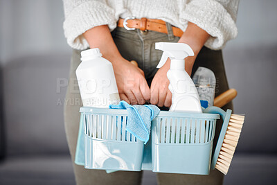 Buy stock photo Products for cleaning, bucket and woman hands doing housekeeping at home with equipment. closeup of maid, housewife or cleaner with hygiene household supplies to disinfect house, apartment or office.