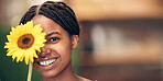 Beauty, flower and portrait mockup of girl happy, smile and relax on South Africa summer vacation. Happiness, skin and young gen z black woman with floral sunflower plant for peace, calm and wellness
