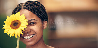 Buy stock photo Beauty, flower and portrait mockup of girl happy, smile and relax on South Africa summer vacation. Happiness, skin and young gen z black woman with floral sunflower plant for peace, calm and wellness