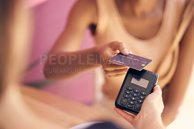 Buy stock photo Credit card, retail customer and rfid payment at cashier, store service and point of sale machine. Worker hands process finance, money and shopping, cash register and fintech pos in coffee shop cafe