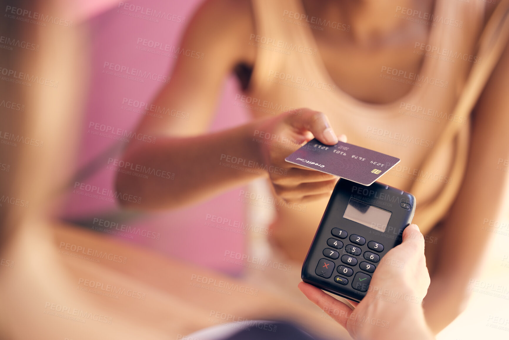Buy stock photo Credit card, retail customer and rfid payment at cashier, store service and point of sale machine. Worker hands process finance, money and shopping, cash register and fintech pos in coffee shop cafe