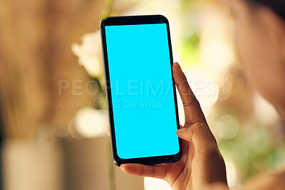 Buy stock photo Green screen phone, mockup and hands on mobile app for advertising, brand and marketing space. Woman, online technology and social media, website network and multimedia web design internet connection