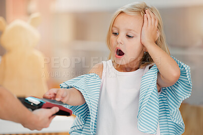 Buy stock photo Shopping, retail and child in shock with a credit card, learning payment on card machine. Shop, fashion or rich young girl with shocked wow face with card. Mockup for fashionista, sale and clothes