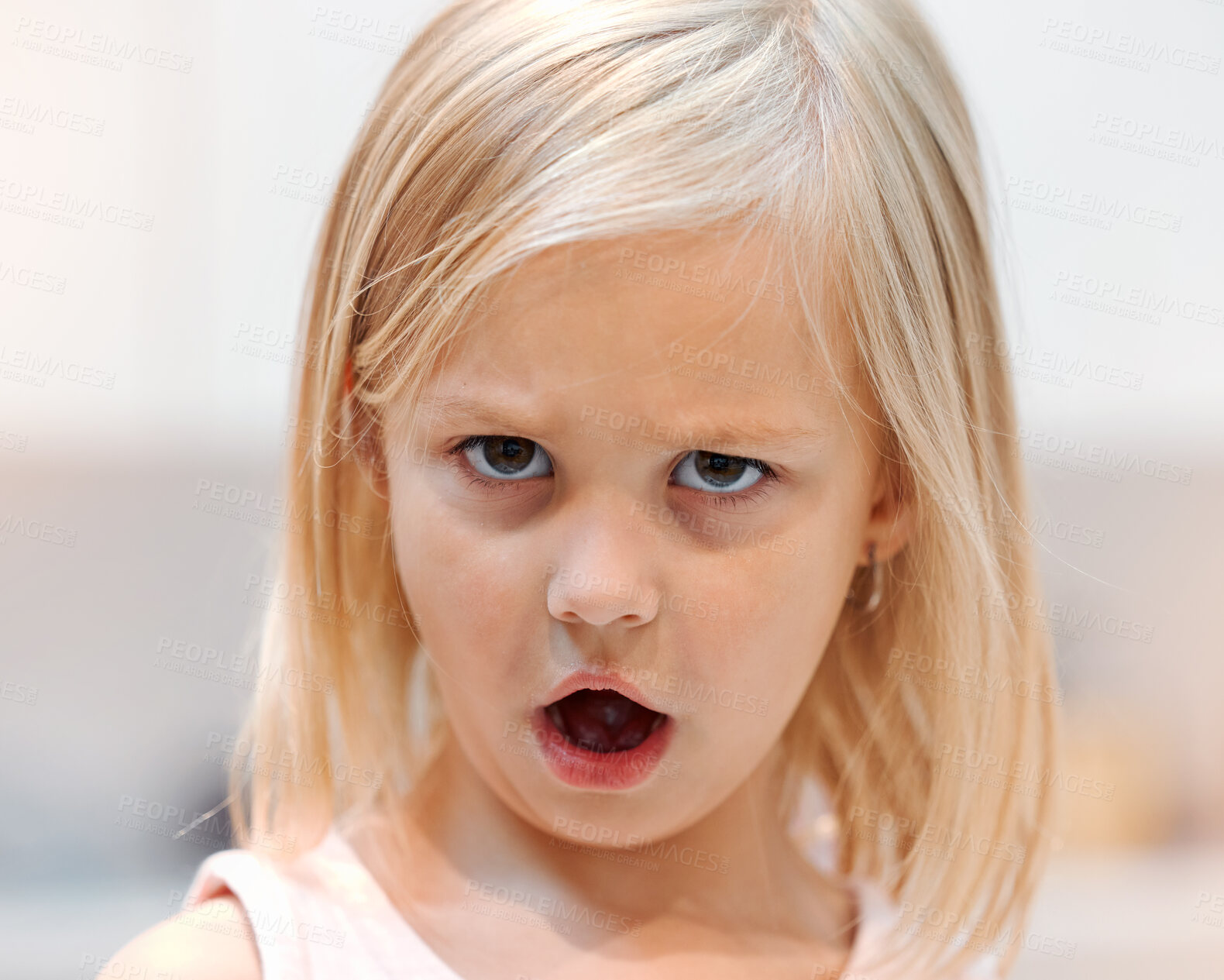 Buy stock photo Angry, little girl and tantrum face portrait reaction to shock of rejection and disappointment. Unhappy, frustrated and moody female child with bad attitude and annoyed eyes closeup in Canada.