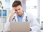 Doctor, computer working and work headache of a man healthcare worker struggling with tech. Medical stress, anxiety and burnout of a hospital or clinic employee using technology with a web glitch