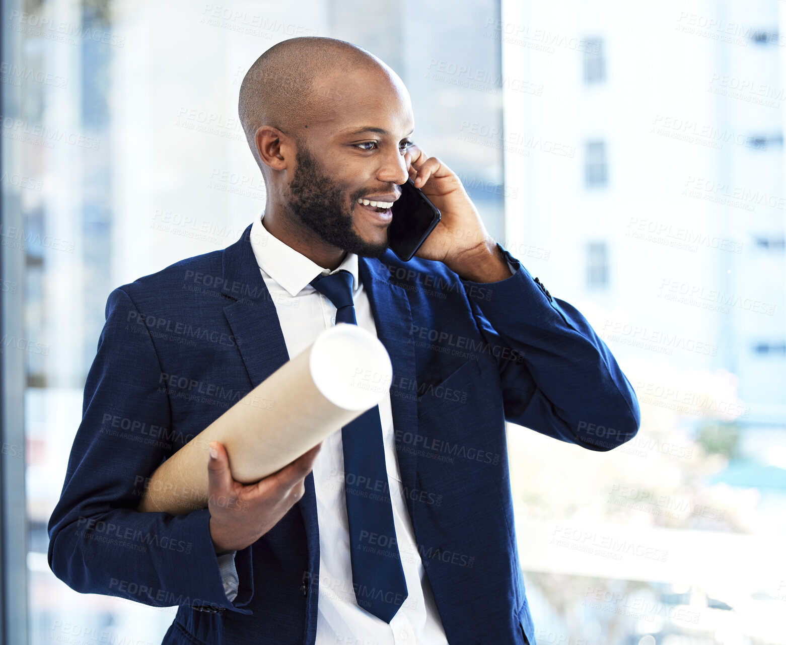 Buy stock photo Architect, engineer or construction businessman phone call for project building planning or commercial development goal. Corporate, entrepreneur black man talking b2b strategy mission industry job