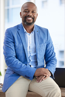 Buy stock photo Black man, entrepreneur and businessman success in a office with proud company vision. Startup boss, manager and leadership portrait of a senior ceo happy about working and workplace growth