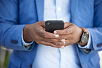 Zoom of hands, businessman with phone or 5g network for networking, communication or typing email text or message. Chicago, mobile or smartphone for contact us search, internet or social media app.