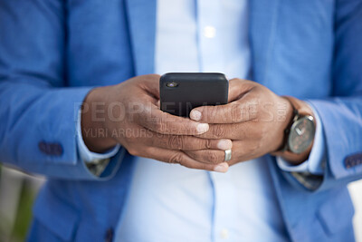 Buy stock photo Zoom of hands, businessman with phone or 5g network for networking, communication or typing email text or message. Chicago, mobile or smartphone for contact us search, internet or social media app.