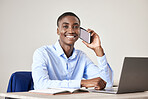 Businessman, smile and phone for call at desk with laptop for reading communication, email or report on the internet. Black man, happy and working in office with green screen phone in hand at table