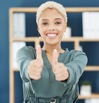 Thumbs up, success and work support hand sign worker in a office of a happy business woman. Portrait of winner motivation, thank you and proud win hands gesture with a smile and corporate happiness 