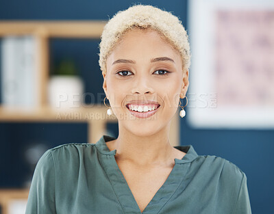 Buy stock photo Happy, smile and young black business woman, entrepreneur and employee in modern office of New York. Portrait face of creative startup manager working motivation, vision and trust in marketing agency