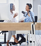 Business podcast, media interview and radio blog live streaming for corporate news show, broadcast conversation and audio discussion. Professional presenter hosting internet office talk on microphone