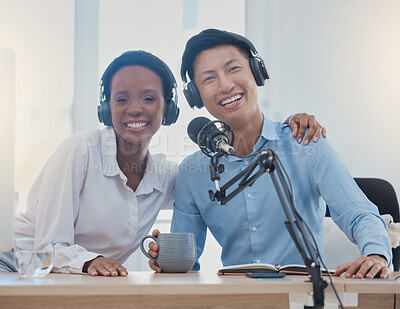 Buy stock photo Happy, smile and portrait of radio employees sitting in the studio with headphones and microphone. Interracial, professional and man and woman working in media recording podcast in creative workplace