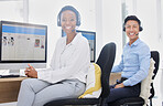 Crm customer support workers and web help worker diversity on an office consultation. Portrait of happy internet call center employees working in a contact us company doing digital tech consulting
