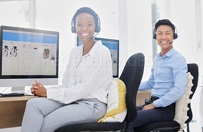 Buy stock photo Crm customer support staff and web help worker diversity on an office consultation. Portrait of happy internet call center employees working in a contact us company doing digital tech consulting
