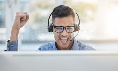 Buy stock photo Success, sales man and call center celebration, winner fist and target bonus computer in modern office. Happy telemarketing consultant celebrate achievement, trading deal and desktop trader service