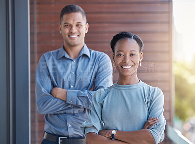 Buy stock photo Team, leadership and diversity portrait of motivation with happy business people with arms crossed on a balcony. Woman and man working together for collaboration, innovation and vision for success
