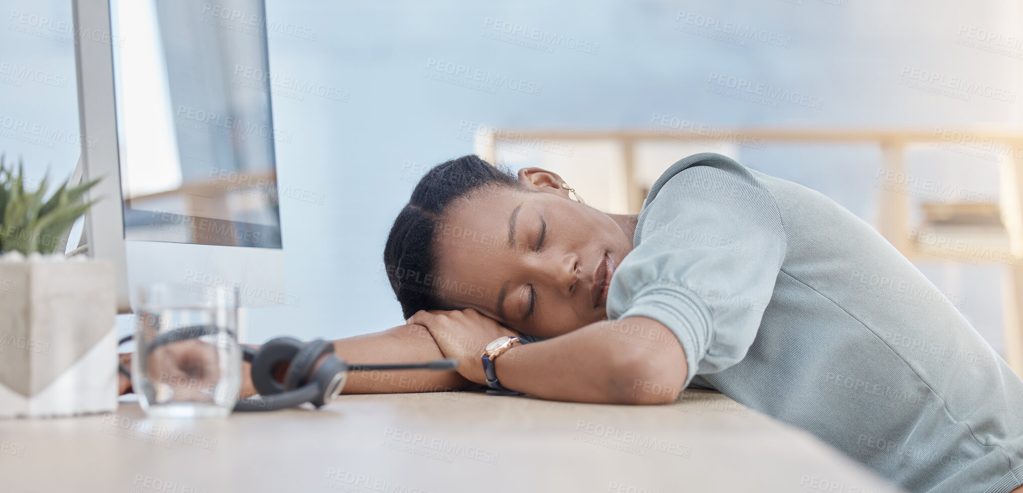 Buy stock photo Burnout, call center and sleeping with black woman at desk from overworked, tired and stress. Customer support, consultant and telemarketing with employee at computer exhausted, lazy or resting 