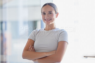 Buy stock photo Expert, business and manager working as management at an executive corporate company. Portrait of a ceo, woeker or boss with arms crossed, pride and smile for happiness at a professional office