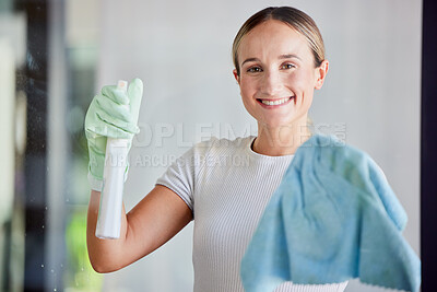 Buy stock photo Window, cleaning service and woman in portrait with cloth cleaner product, spray bottle and gloves in home or office. Entrepreneur person in house with soap liquid, detergent for spring clean career