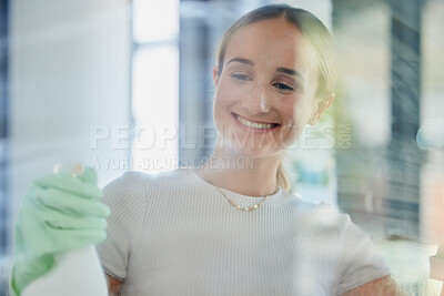 Buy stock photo Smile, home and woman cleaning window, housework or washing shower cabin. Hygiene, glass and happy female from Canada in rubber gloves, scrub and spring cleaning, sanitize for germ free living space.