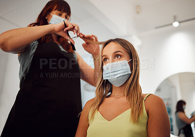 Buy stock photo Covid, face mask and hairdresser small business owner women with trust, policy compliance and professional entrepreneurship. Hair care, salon hairstylist with client in corona virus safety startup