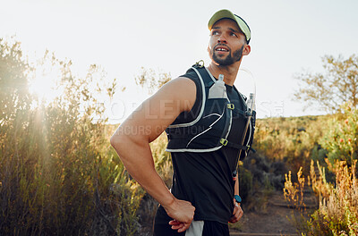 Buy stock photo Wellness, man or hiking fitness focus in nature for exercise, training or workout. Healthy, health or runner athlete in forest for running, sports or motivation for race, event or marathon in summer