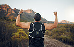 Mountain, runner and success man with back view celebrating exercise and wellness goal victory. Muscular, strong and fitness male running achievement celebration in South African bush landscape.