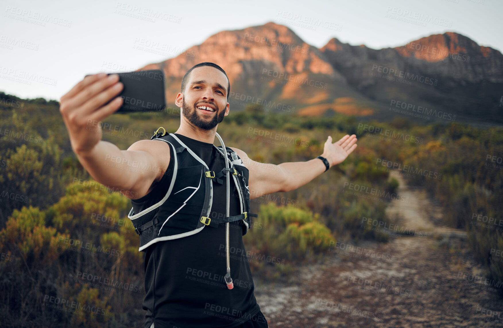 Buy stock photo Selfie, athlete and man with smartphone in nature on trail smile, happy and healthy doing exercise and workout. Fitness influencer, health or wellness outdoor calm, peaceful or while training outdoor