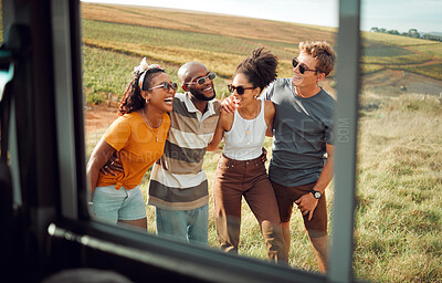 Buy stock photo Happy, nature and friends on road trip adventure, holiday or vacation together in the countryside. Happiness, diversity and people laugh at comic joke on summer journey or safari walking and talking.