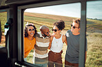 Friends, group and happy on road trip by window of car in nature by hill. Diversity, man and women with sunglasses on travel, vacation or holiday together by farm, agriculture or rural land in Dublin