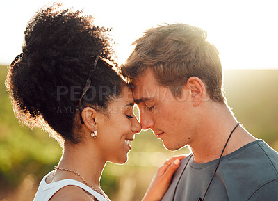 Buy stock photo Embrace, love and interracial couple on holiday in nature, happy in marriage and smile for summer in the countryside of France. Man and woman in happiness together with affection on vacation