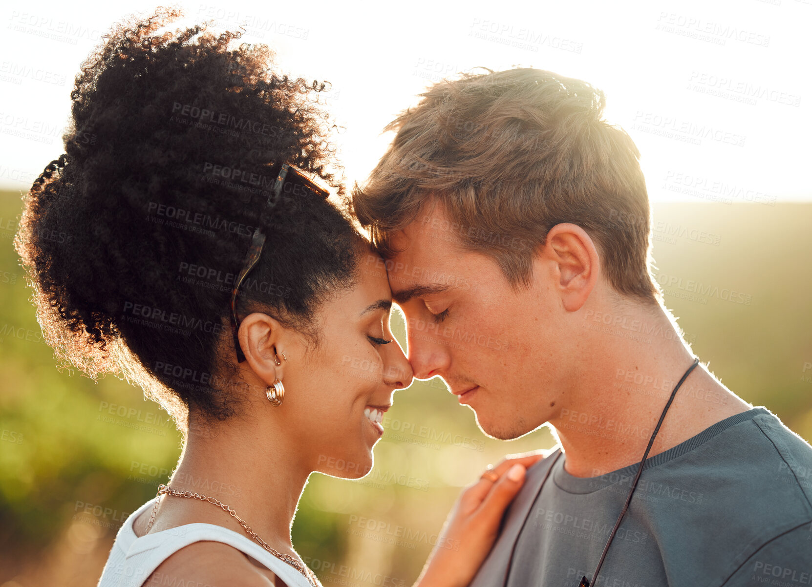 Buy stock photo Embrace, love and interracial couple on holiday in nature, happy in marriage and smile for summer in the countryside of France. Man and woman in happiness together with affection on vacation